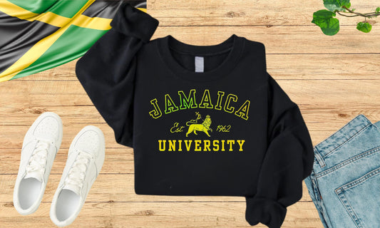 A stylish unisex sweatshirt featuring a bold Lion of Judah design with vibrant Jamaican colors, celebrating Jamaica’s independence. This versatile piece is perfect for Independence Day, cultural celebrations, or as Caribbean-inspired college apparel.