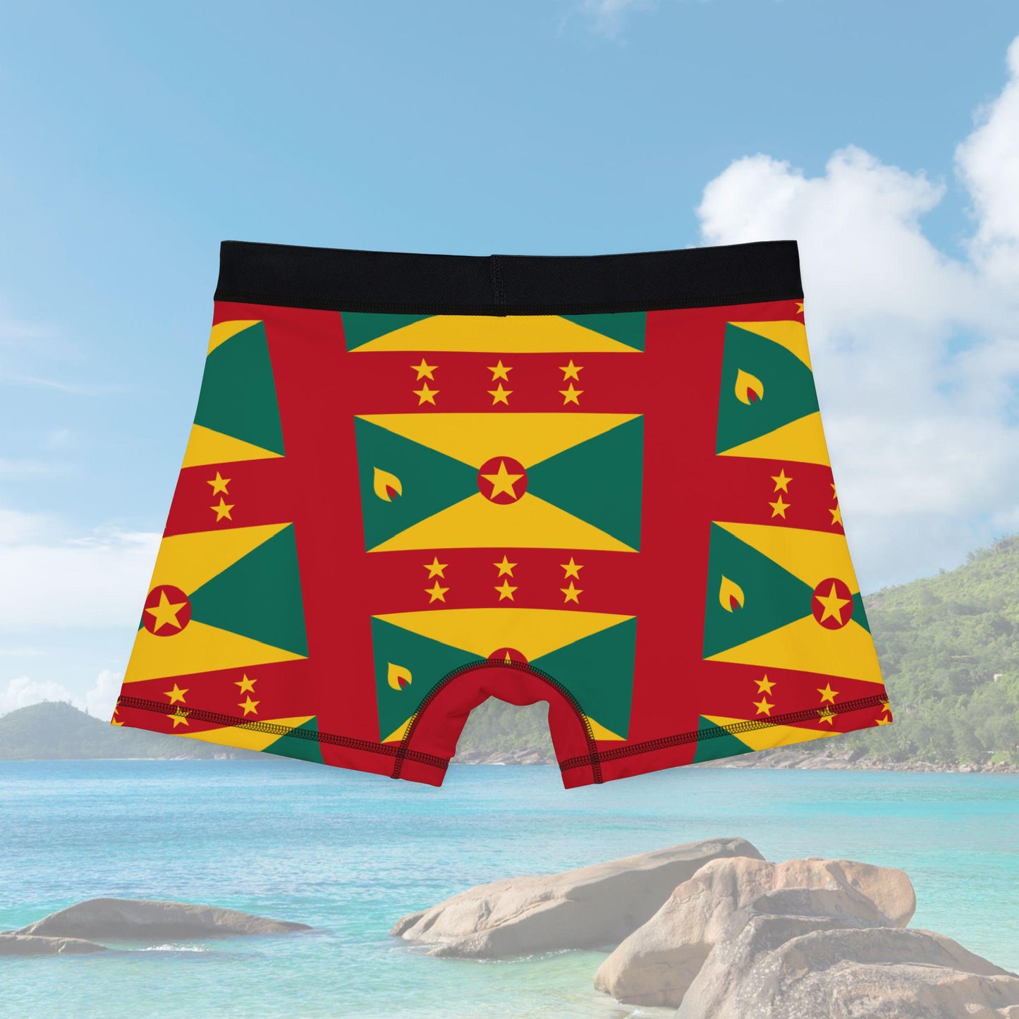 Boxer briefs featuring the Grenada flag pattern in vibrant red, yellow, and green with black waistband. The tone is bold and patriotic.