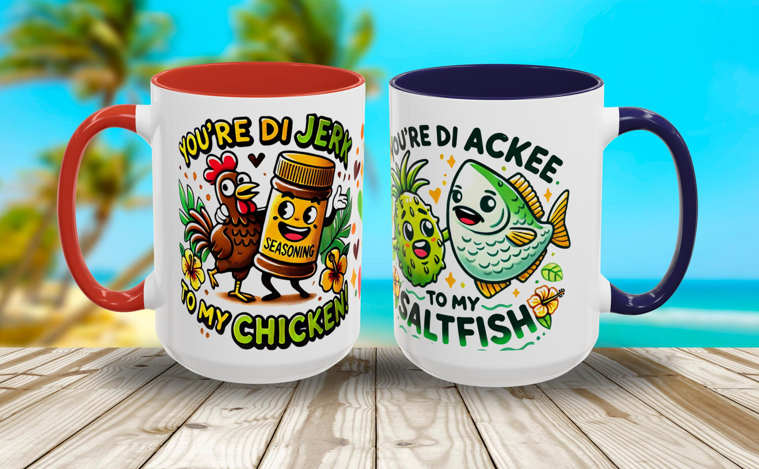 Coffee Mugs with Funny Jerk Chicken and Ackee and Saltfish Cartoon, Caribbean Island Lovers, Gift for Valentine's Day, V-Day Island Gift