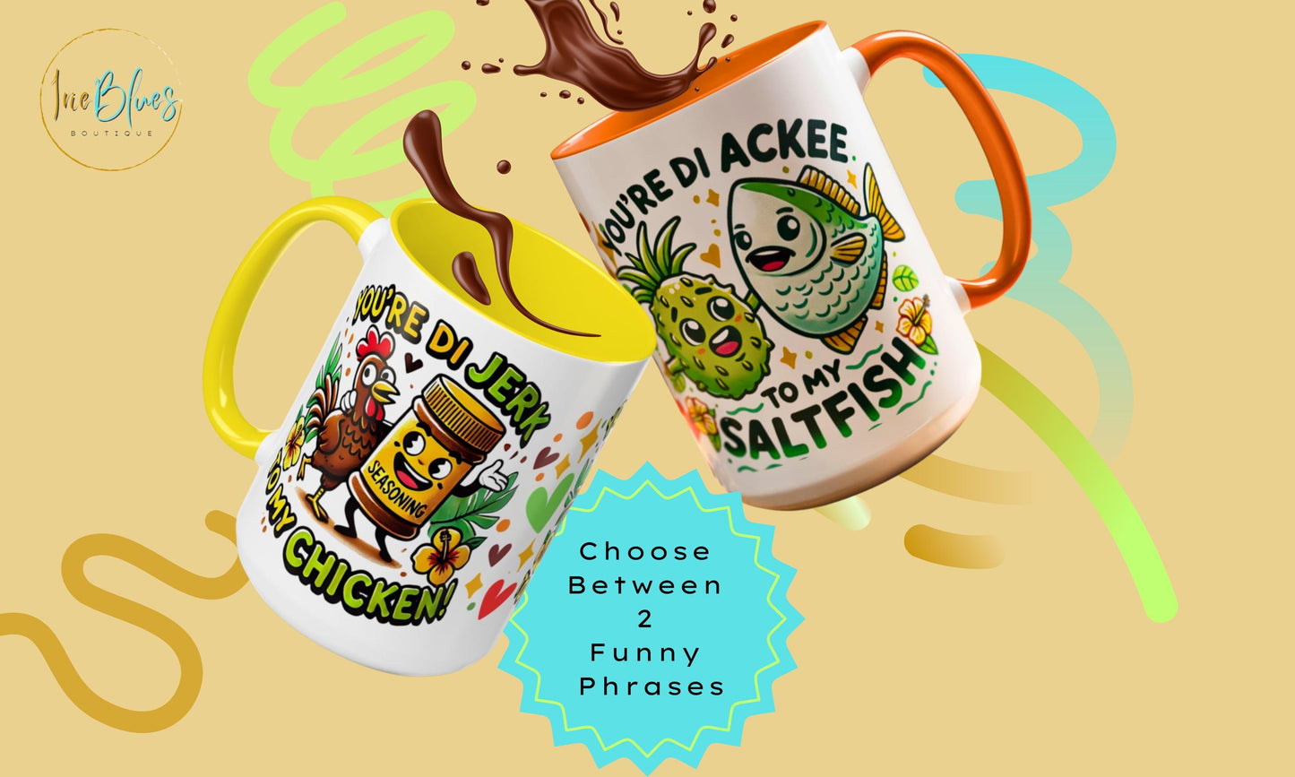 Coffee Mugs with Funny Jerk Chicken and Ackee and Saltfish Cartoon, Caribbean Island Lovers, Gift for Valentine's Day, V-Day Island Gift