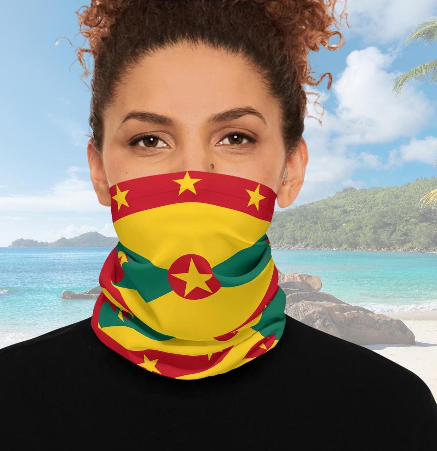 Grenada Flag Spicemas Carnival Neck Gaiter, J&#39;Ouvert Paint Party Cover, Grenada Carnival 2025, Parade of Bands. Made of lightweight and polyester microfiber for a comfortable no-slip fit. It can be styled in multiple ways like a headband or wristband