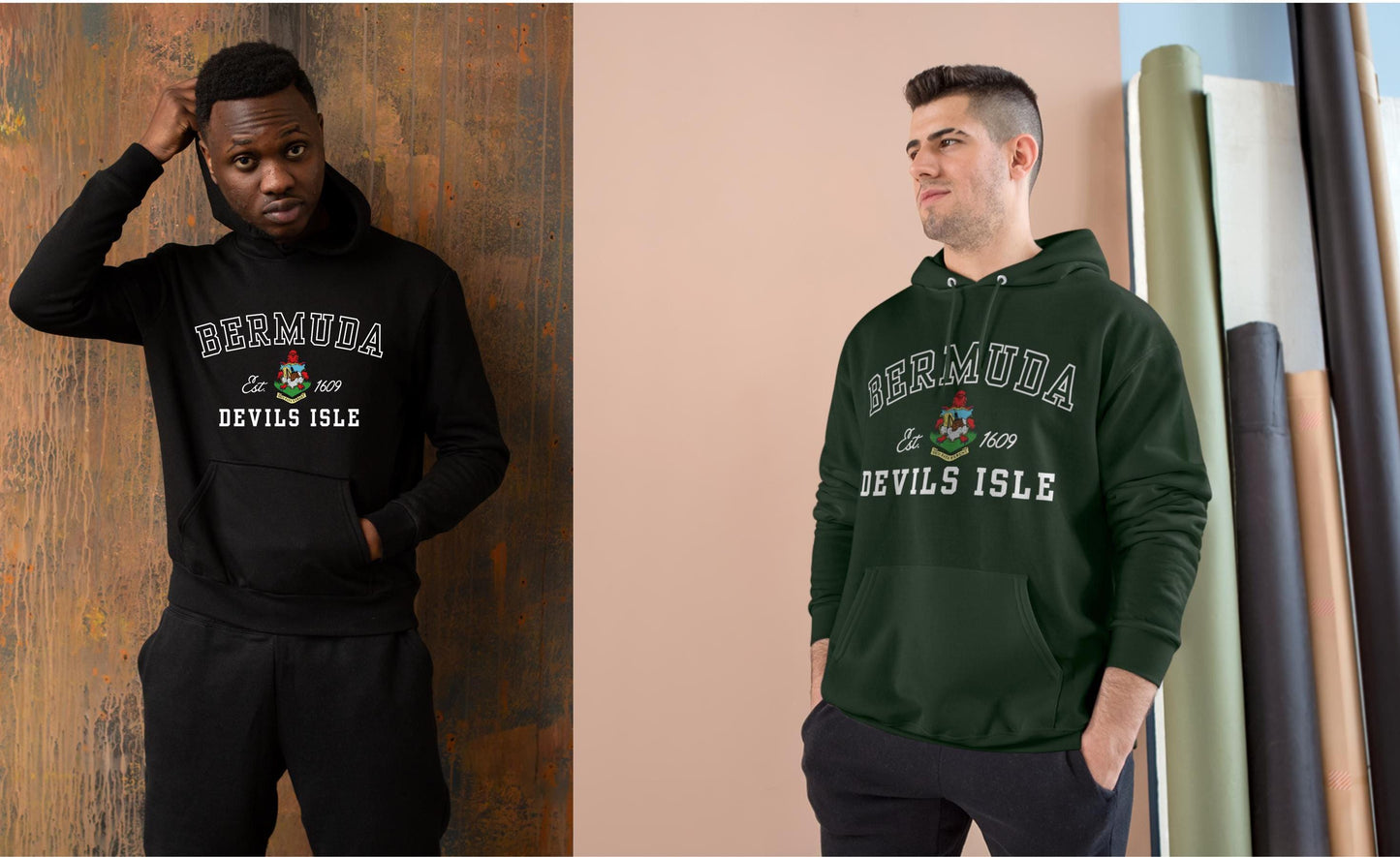 Bermuda Coat of Arms Sweatshirt & Hoodie with &quot;Bermuda&quot; written in Classic College Font. Features the Bermuda Coat of Arms, along with the year Bermuda became independent. Available in multiple colors and unisex.