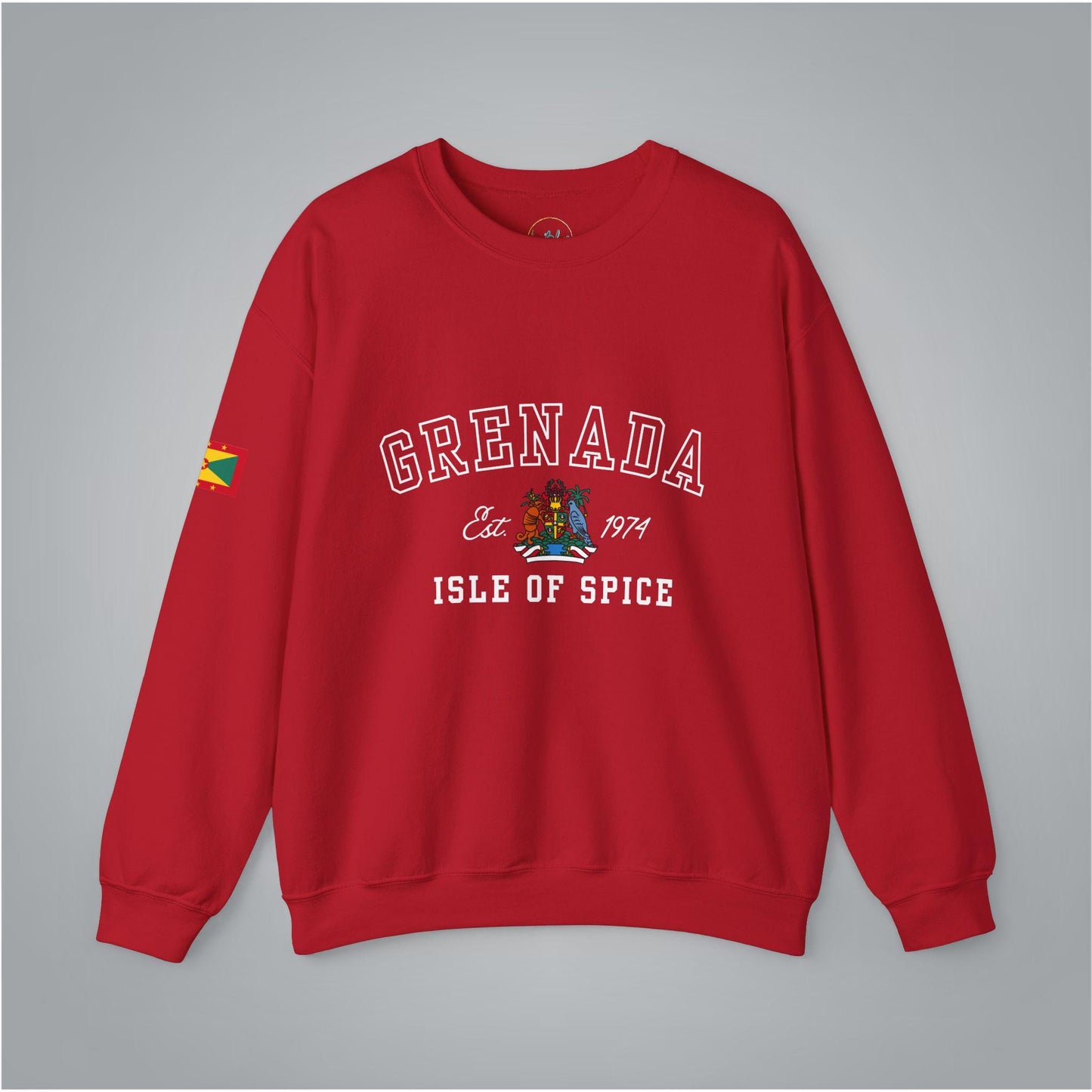 Grenada-inspired varsity sweatshirt featuring the Grenada flag graphic, the island’s independence year, and the Coat of Arms. This stylish sweatshirt showcases bold colors and a design celebrating Grenada’s rich heritage.