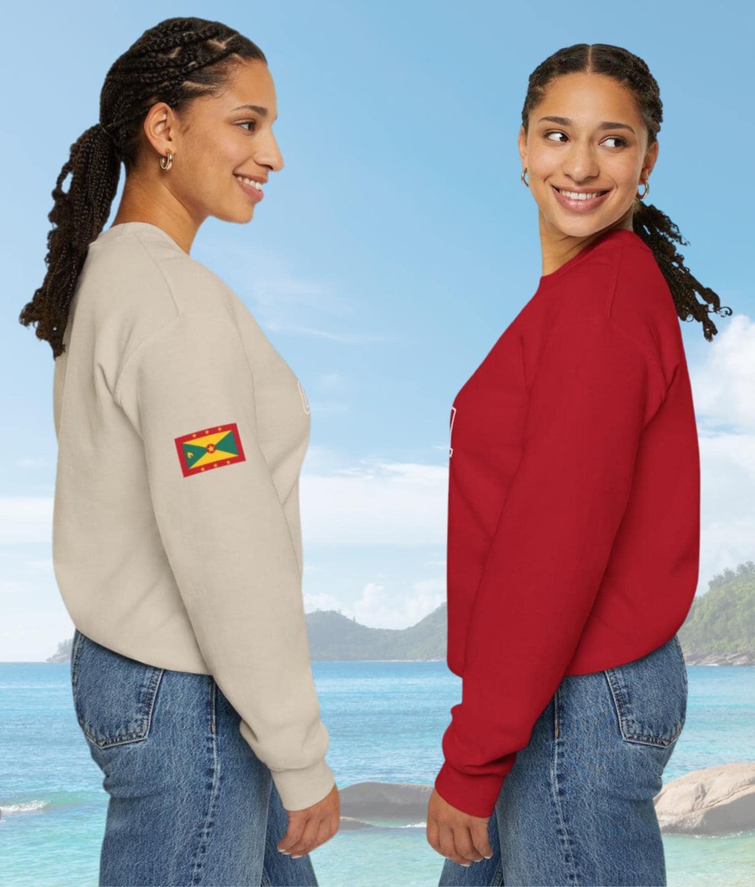 Grenada-inspired varsity sweatshirt featuring the Grenada flag graphic, the island’s independence year, and the Coat of Arms. This stylish sweatshirt showcases bold colors and a design celebrating Grenada’s rich heritage.