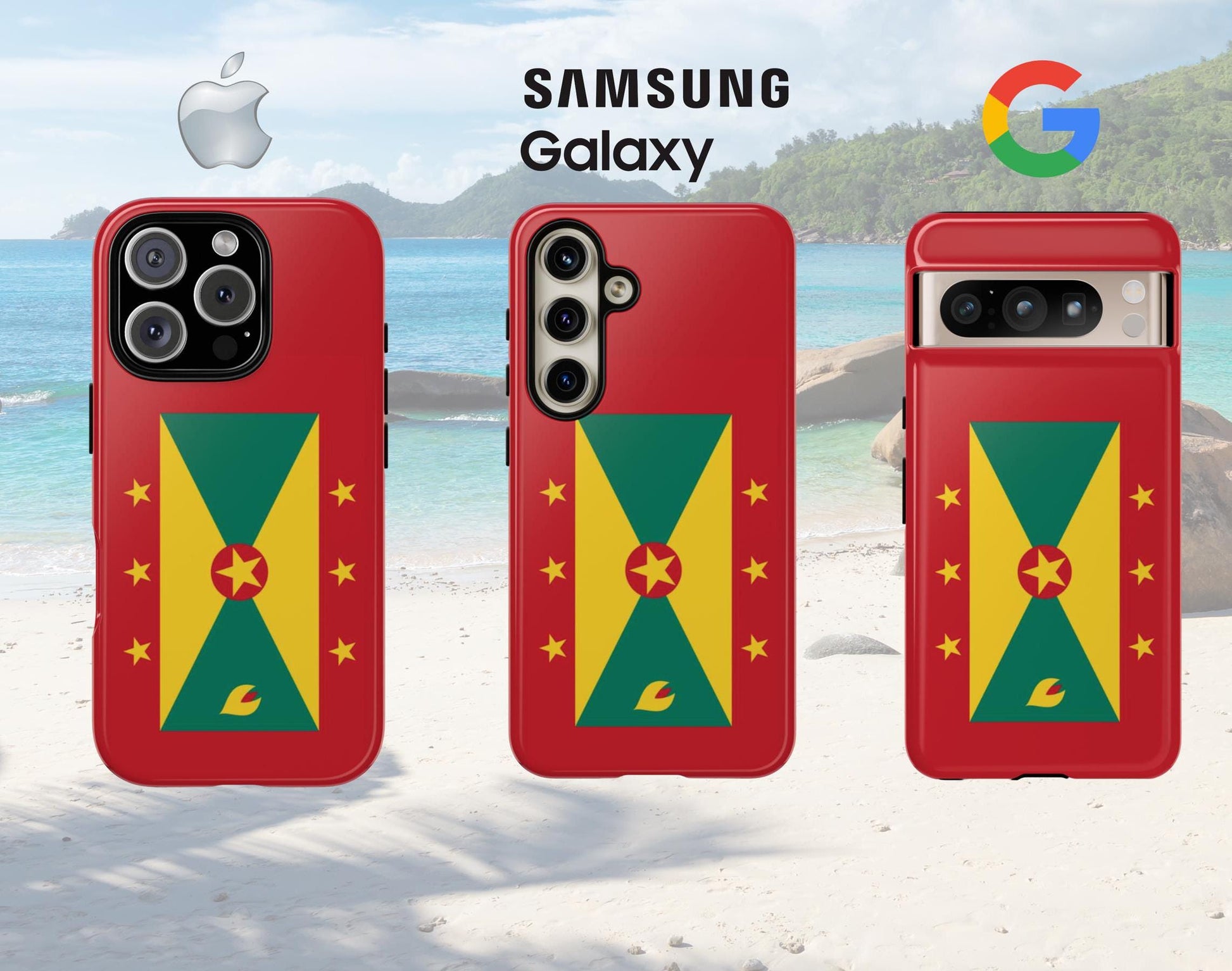 A durable Grenada Flag Tough Phone Case designed to fit iPhone, Samsung, and Google devices. This protective phone case features a Grenada flag design, showcasing the iconic yellow, green, and red color scheme with the star emblem and nutmeg symbol.