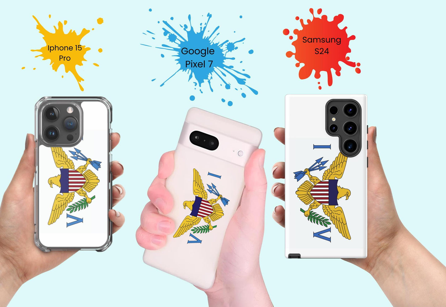 US Virgin Islands Flag Phone Tough Case, with a sleek and durable design. This thin, protective phone case offers excellent coverage for iPhone, and Samsung while displaying the vibrant Virgin Island flag, showing off your Virgin Island pride.