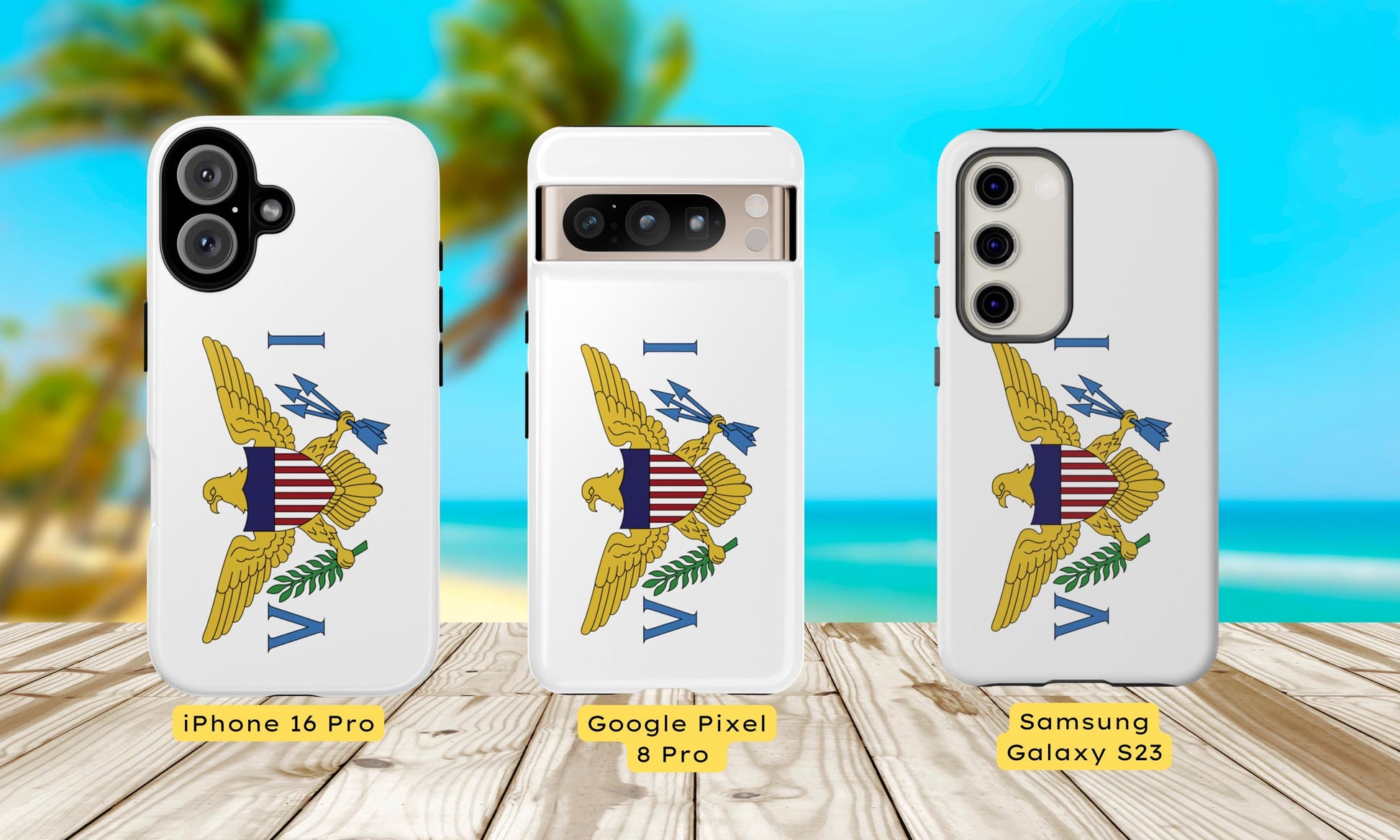 US Virgin Islands Flag Phone Tough Case, with a sleek and durable design. This thin, protective phone case offers excellent coverage for iPhone, and Samsung while displaying the vibrant Virgin Island flag, showing off your Virgin Island pride.