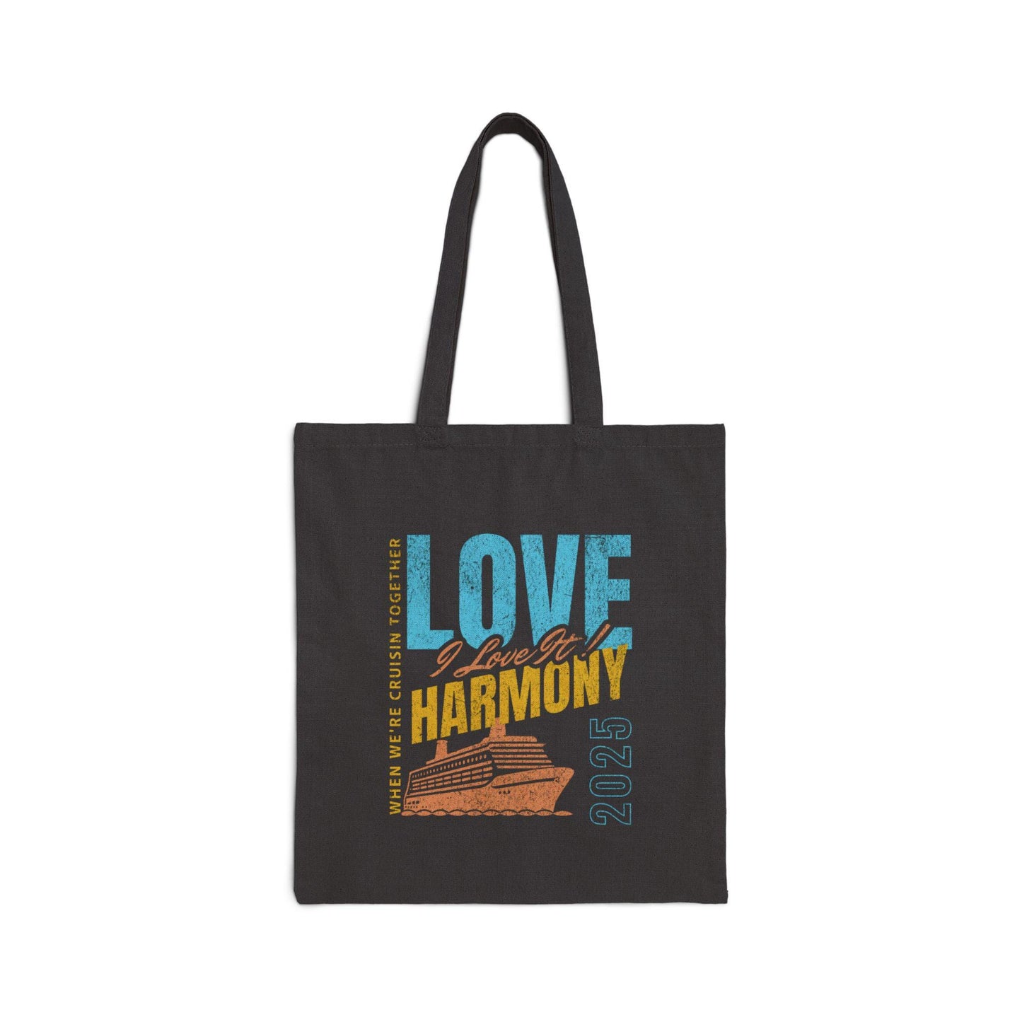 A stylish Love & Harmony 2025 Cruise Tote Bag designed for reggae music fans and Caribbean cruise lovers. This durable and spacious tote features a bold design celebrating the 2025 cruise season, perfect for carrying essentials on board or at the beach.