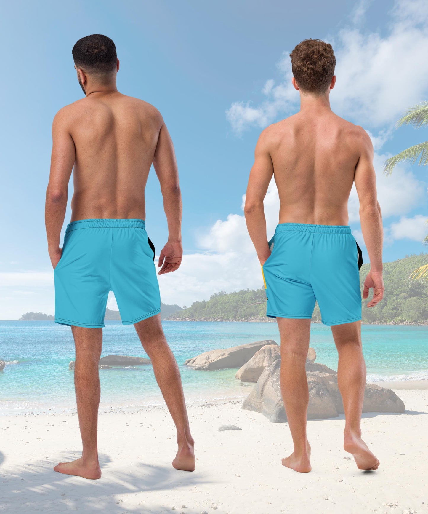 Bahamas Flag Men&#39;s Swim Trunks featuring the vibrant blue, yellow, and black colors of the Bahamian flag. Designed to celebrate Caribbean heritage, these quick-drying swim trunks are stylish and comfortable, with an adjustable waistband.