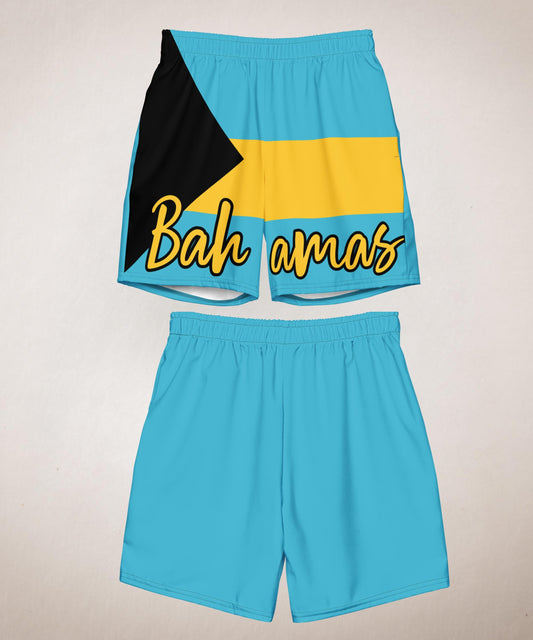 Bahamas Flag Men&#39;s Swim Trunks featuring the vibrant blue, yellow, and black colors of the Bahamian flag. Designed to celebrate Caribbean heritage, these quick-drying swim trunks are stylish and comfortable, with an adjustable waistband.