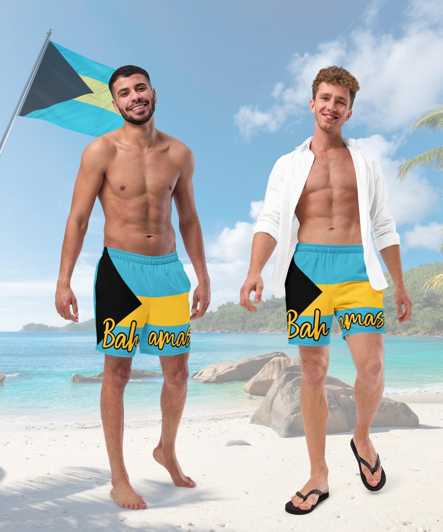 Bahamas Flag Men&#39;s Swim Trunks featuring the vibrant blue, yellow, and black colors of the Bahamian flag. Designed to celebrate Caribbean heritage, these quick-drying swim trunks are stylish and comfortable, with an adjustable waistband.