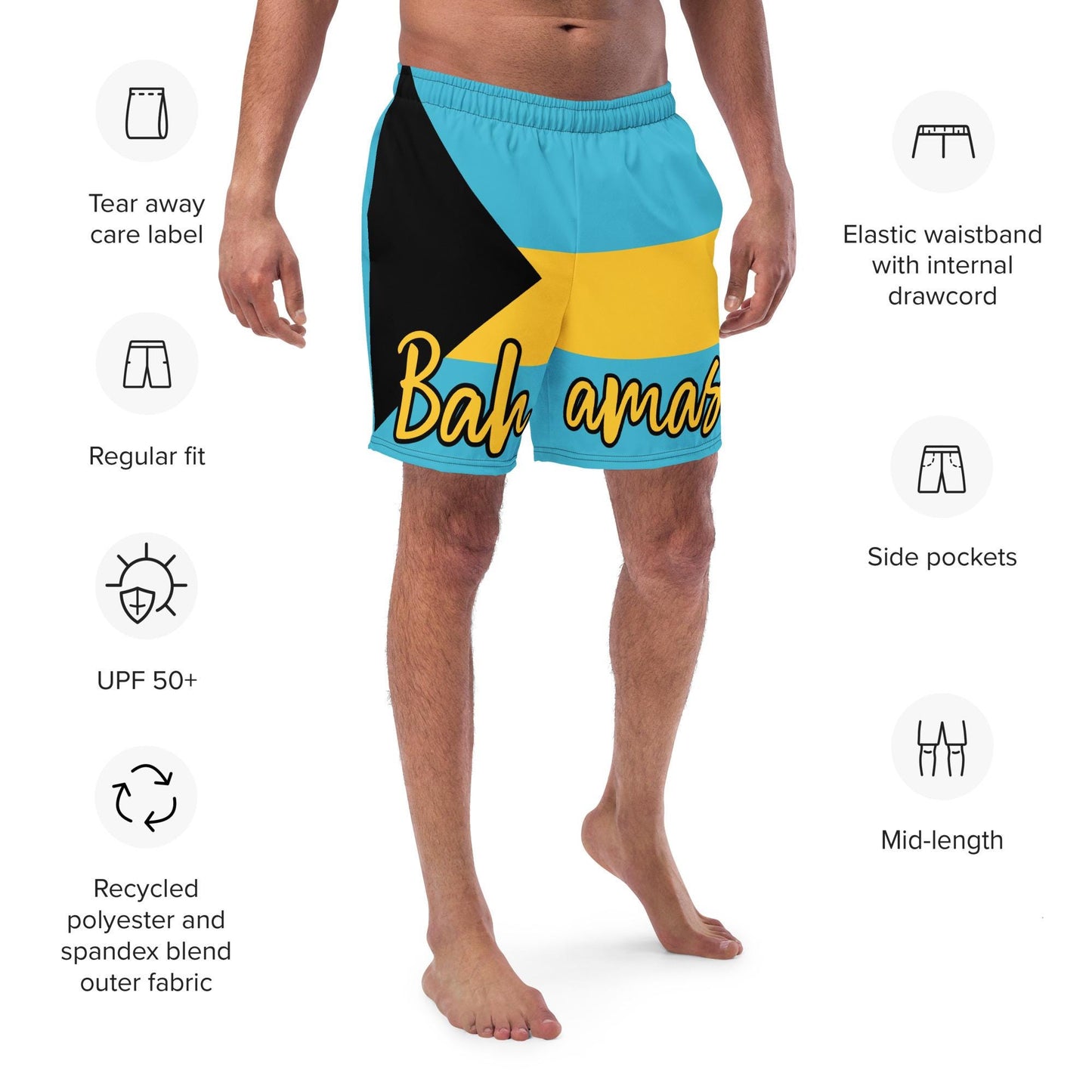 Bahamas Flag Men&#39;s Swim Trunks featuring the vibrant blue, yellow, and black colors of the Bahamian flag. Designed to celebrate Caribbean heritage, these quick-drying swim trunks are stylish and comfortable, with an adjustable waistband.