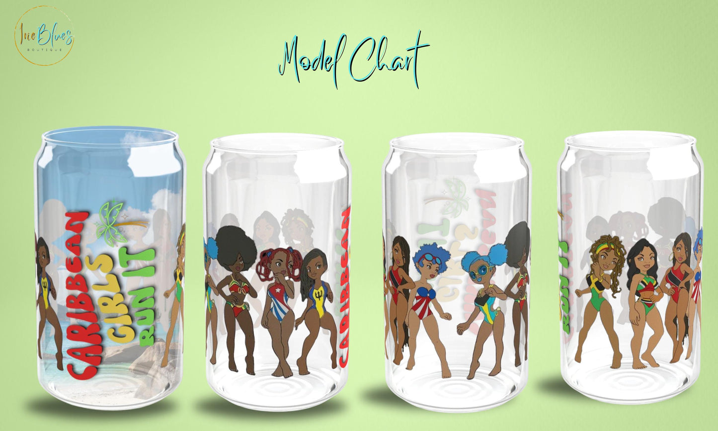 A Caribbean Island Girls Sipper Glass featuring cartoon illustrations of Caribbean island girls. This 16oz tropical drinkware is perfect for juices at Caribbean-themed parties. Designed with bold, playful details the phrase &quot;Caribbean Girls Run It.