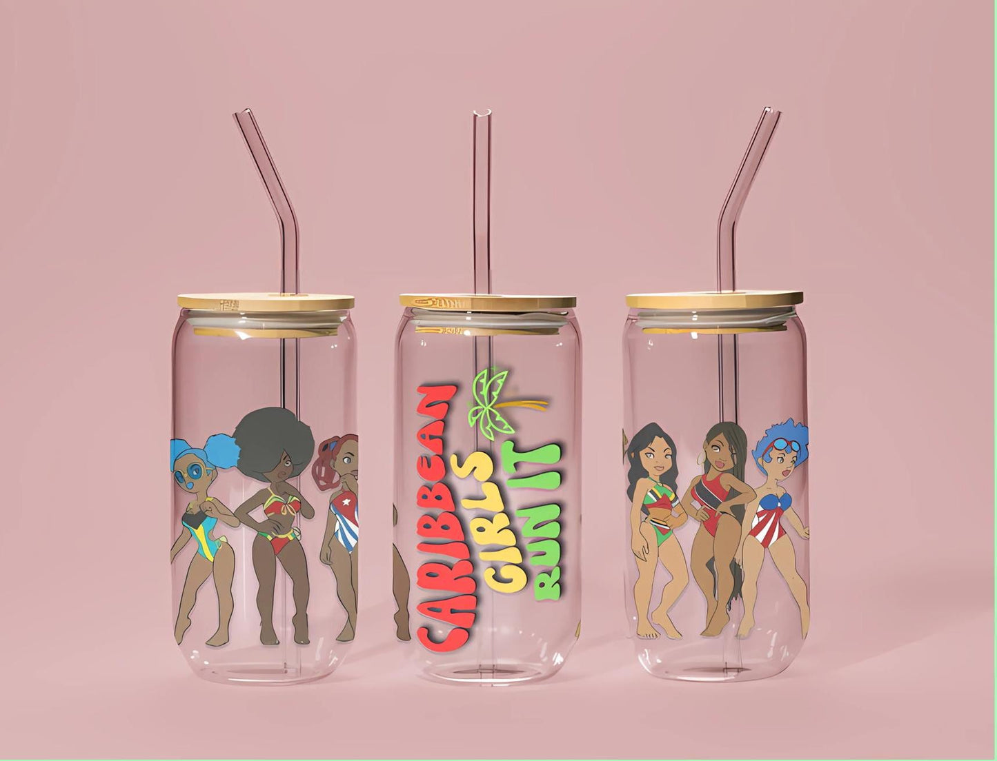 A Caribbean Island Girls Sipper Glass featuring cartoon illustrations of Caribbean island girls. This 16oz tropical drinkware is perfect for juices at Caribbean-themed parties. Designed with bold, playful details the phrase Caribbean Girls Run It.