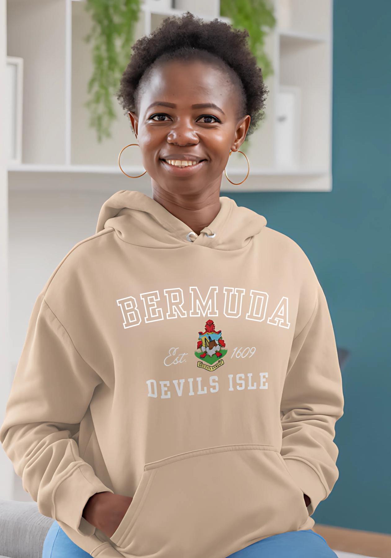 Bermuda Coat of Arms Sweatshirt & Hoodie with &quot;Bermuda&quot; written in Classic College Font. Features the Bermuda Coat of Arms, along with the year Bermuda became independent. Available in multiple colors and unisex.