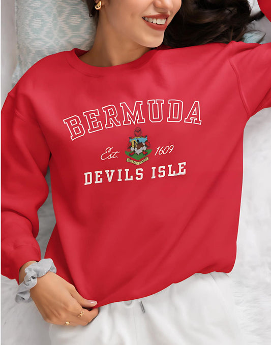 Bermuda Coat of Arms Sweatshirt & Hoodie with &quot;Bermuda&quot; written in Classic College Font. Features the Bermuda Coat of Arms, along with the year Bermuda became independent. Available in multiple colors and unisex.