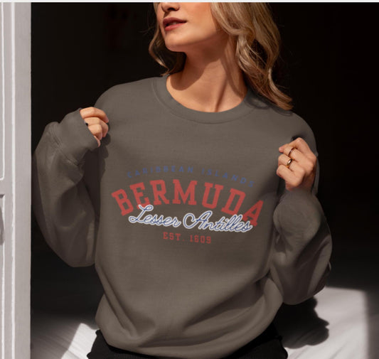 A stylish Bermuda Sweatshirt with a vintage design celebrating Bermuda and Caribbean island vibes. This soft crewneck pullover features bold text and graphics, perfect for beach lovers and showcasing Bermuda pride, including its independence.