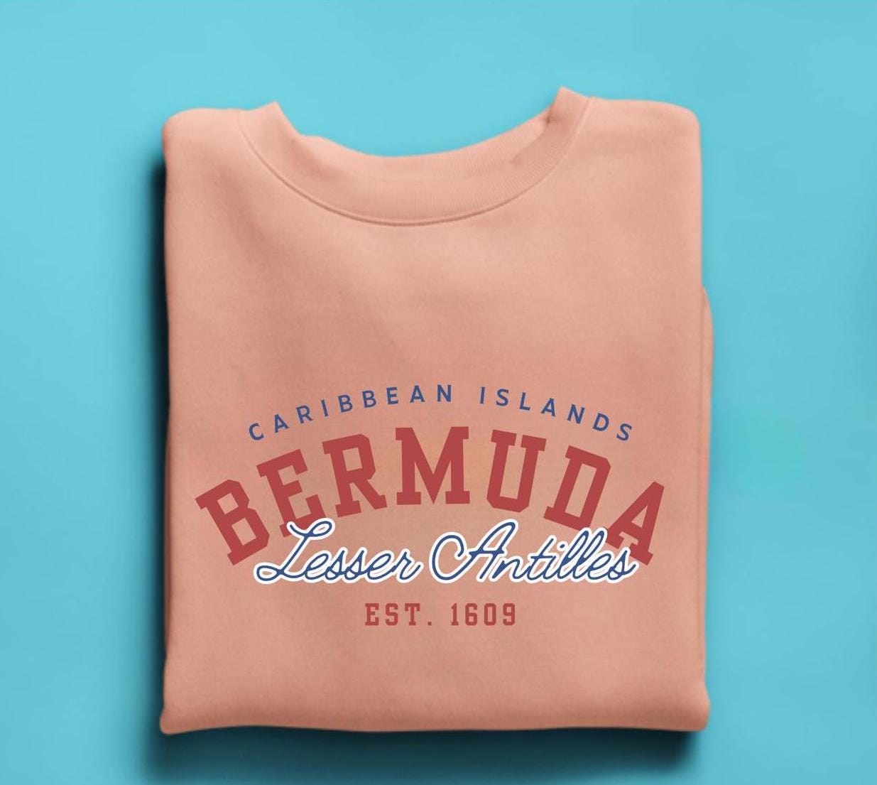 A stylish Bermuda Sweatshirt with a vintage design celebrating Bermuda and Caribbean island vibes. This soft crewneck pullover features bold text and graphics, perfect for beach lovers and showcasing Bermuda pride, including its independence.