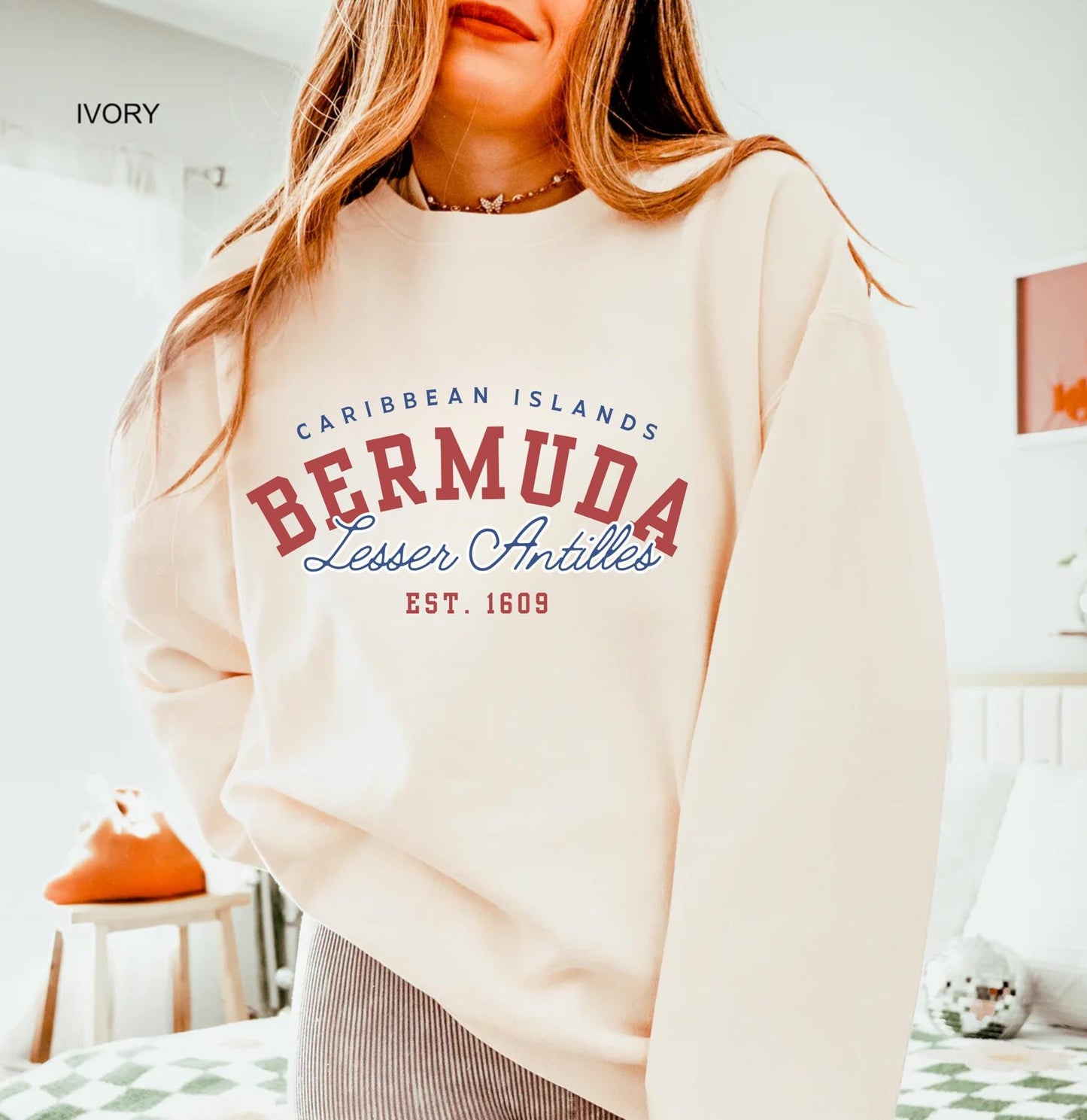 A stylish Bermuda Sweatshirt with a vintage design celebrating Bermuda and Caribbean island vibes. This soft crewneck pullover features bold text and graphics, perfect for beach lovers and showcasing Bermuda pride, including its independence.