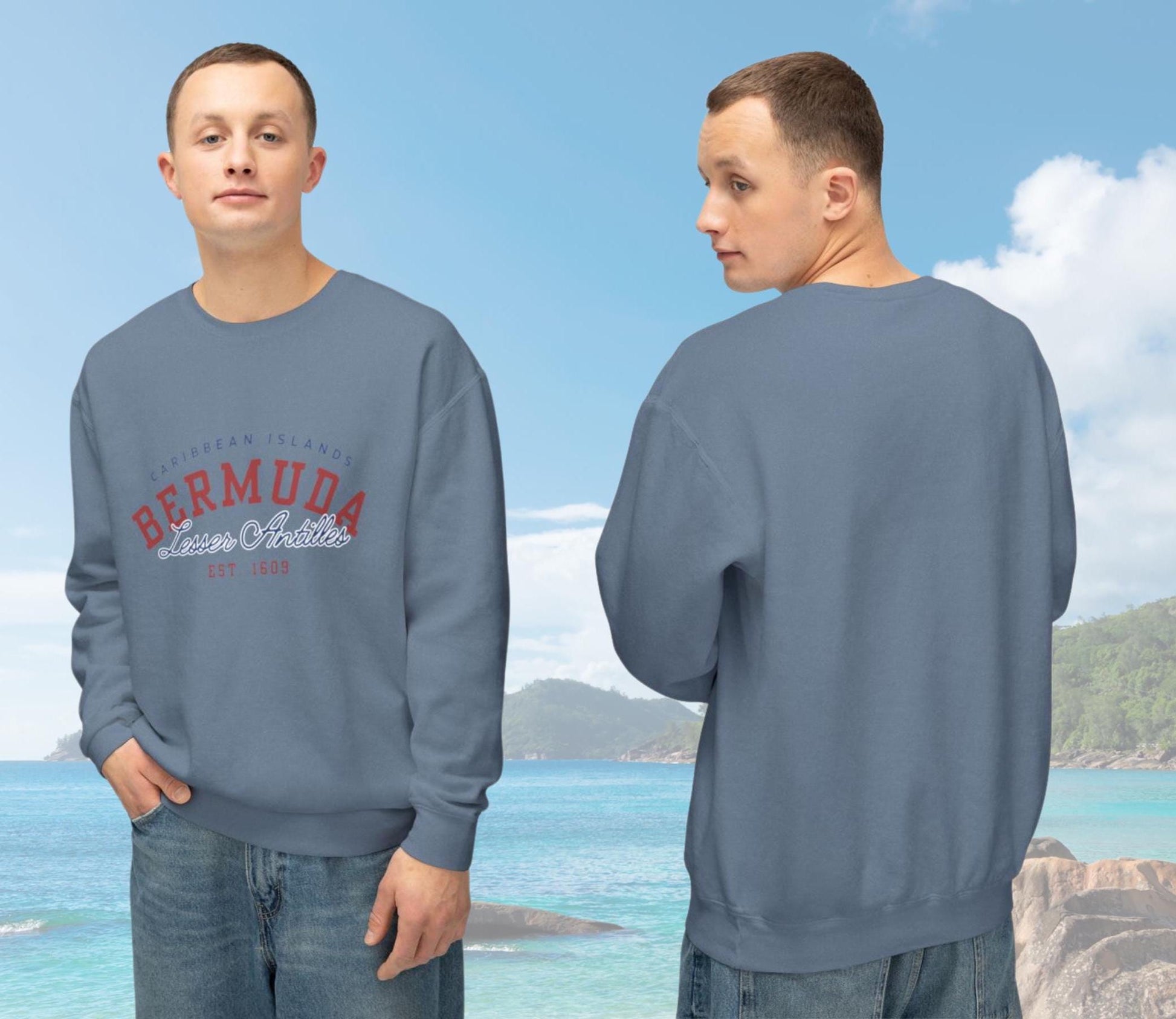 A stylish Bermuda Sweatshirt with a vintage design celebrating Bermuda and Caribbean island vibes. This soft crewneck pullover features bold text and graphics, perfect for beach lovers and showcasing Bermuda pride, including its independence.