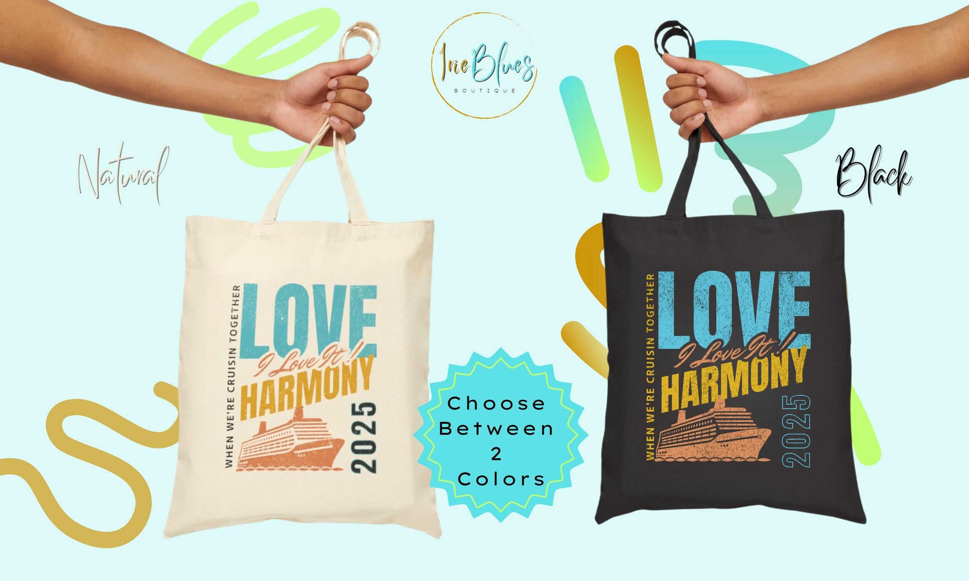 A stylish Love & Harmony 2025 Cruise Tote Bag designed for reggae music fans and Caribbean cruise lovers. This durable and spacious tote features a bold design celebrating the 2025 cruise season, perfect for carrying essentials on board or at the beach.