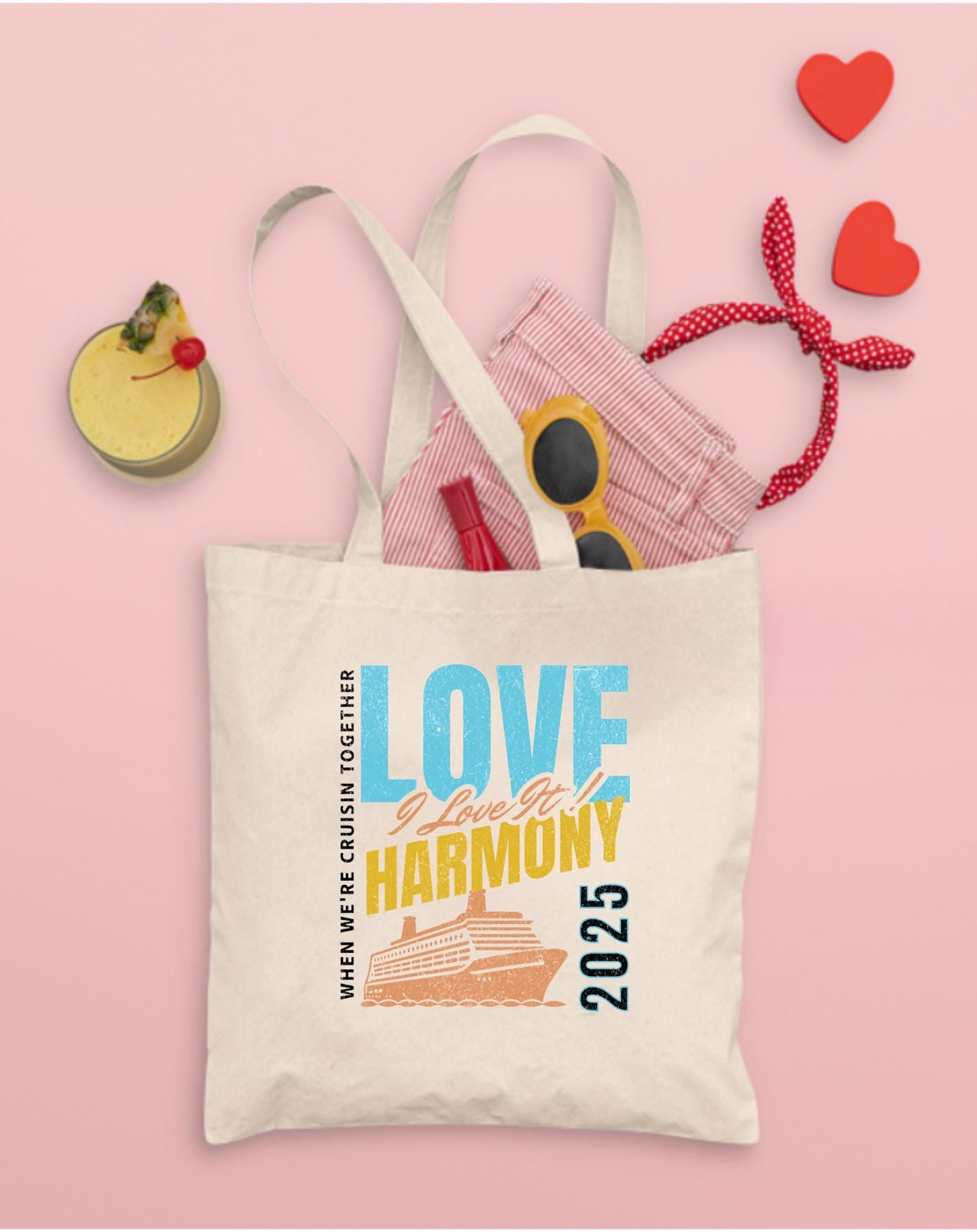 A stylish Love & Harmony 2025 Cruise Tote Bag designed for reggae music fans and Caribbean cruise lovers. This durable and spacious tote features a bold design celebrating the 2025 cruise season, perfect for carrying essentials on board or at the beach.