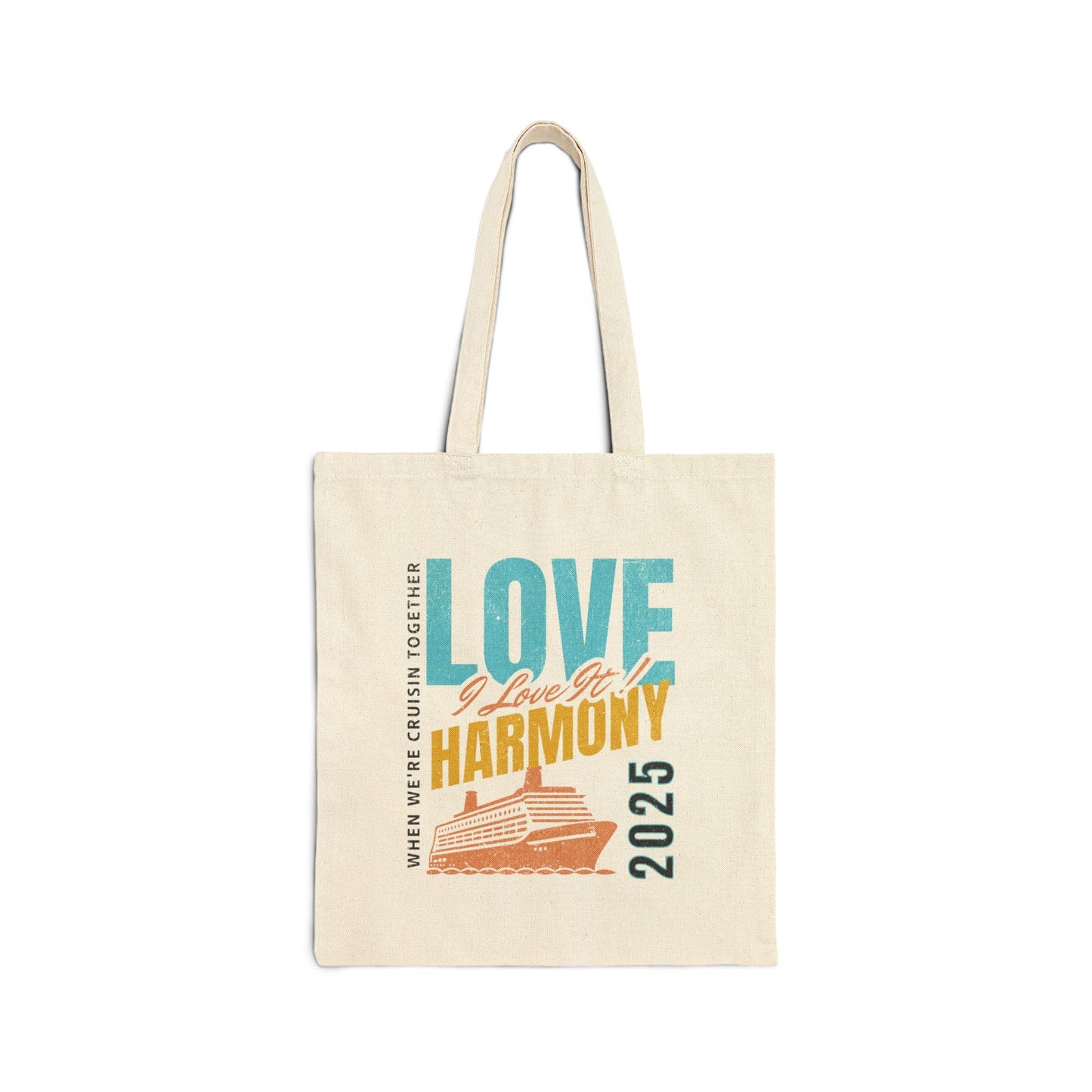 A stylish Love & Harmony 2025 Cruise Tote Bag designed for reggae music fans and Caribbean cruise lovers. This durable and spacious tote features a bold design celebrating the 2025 cruise season, perfect for carrying essentials on board or at the beach.