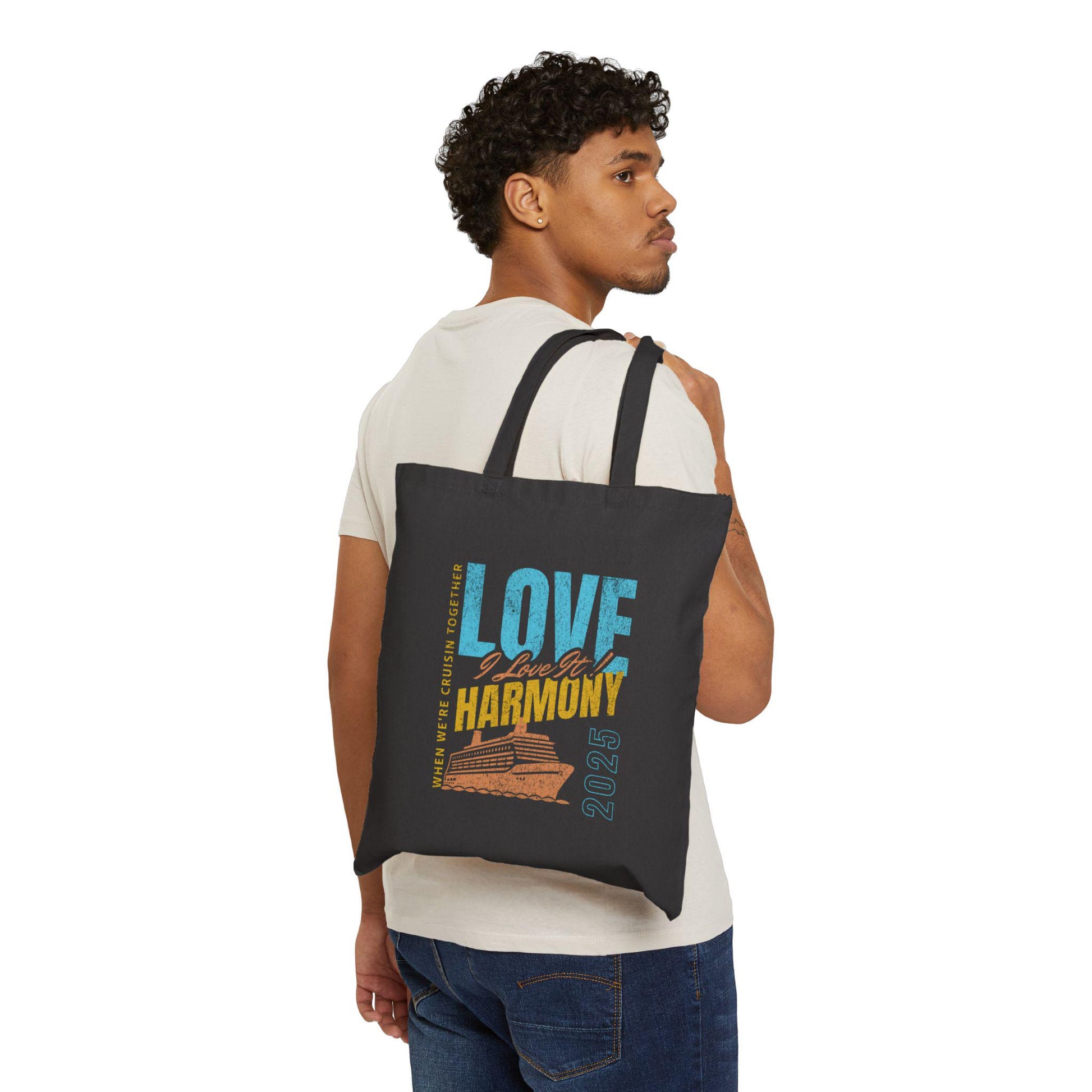 A stylish Love & Harmony 2025 Cruise Tote Bag designed for reggae music fans and Caribbean cruise lovers. This durable and spacious tote features a bold design celebrating the 2025 cruise season, perfect for carrying essentials on board or at the beach.