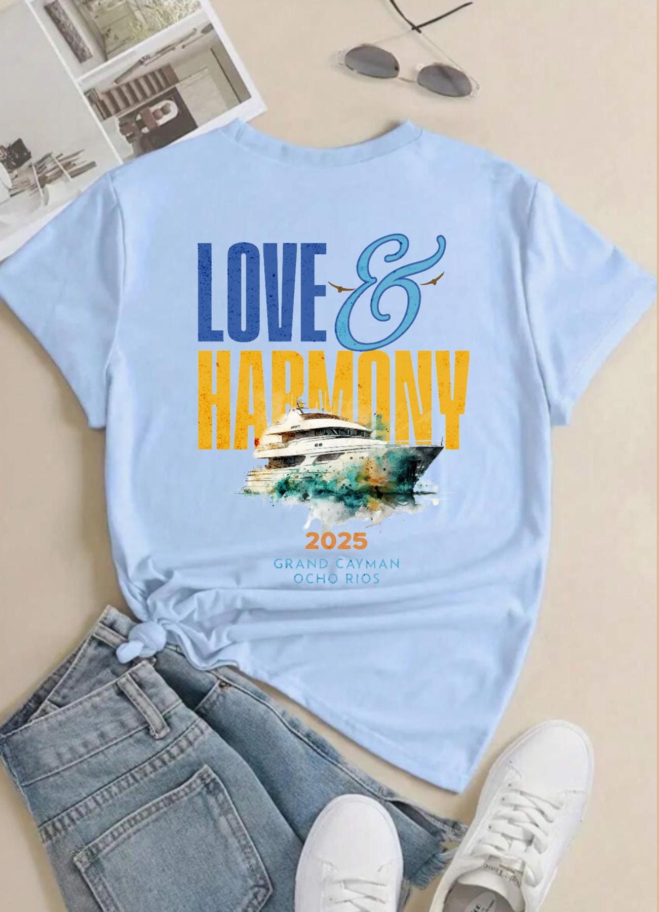 Love & Harmony 2025 Cruise Unisex Shirt in 5 colors - Ideal for group cruises, family vacations, and Caribbean adventures. Norwegian Joy Cruise exclusive shirt.