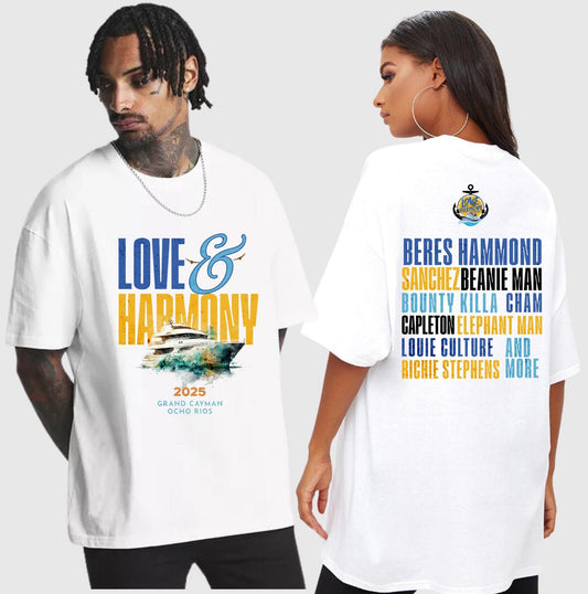 Love & Harmony 2025 Cruise Unisex Shirt in 5 colors - Ideal for group cruises, family vacations, and Caribbean adventures. Norwegian Joy Cruise exclusive shirt.